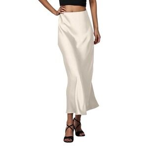 Womens Small Silky Satin Like Maxi Skirt High Waist Long Elastic Flowy Champagne